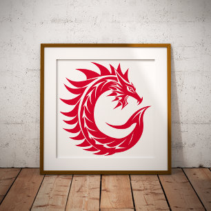Poster Letra C Estilizada com Dragão, Alfabeto de Dragão,