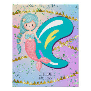 Póster Letra C Monograma Aquarela Enfermeiro de Sereia Cu