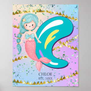 Poster Letra C Monograma Aquarela Enfermeiro de Sereia Cu