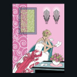 Póster Letra Clarice - Design de Moda Art Deco<br><div class="desc">Clarice se senta em seu vestido noturno em uma cadeira de deco de arte moderna, lendo uma carta. Seu vestido tem uma faixa contrastante e flores estilizadas de 1920 na saia. Em segundo plano estão as forras rebatidas, a reviravolta da metalurgia branca e uma imagem enquadrada com espirais correspondentes. O...</div>