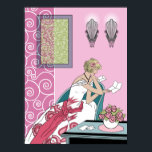 Póster Letra Clarice - Design de Moda Art Deco<br><div class="desc">Clarice se senta em seu vestido noturno em uma cadeira de deco de arte moderna, lendo uma carta. Seu vestido tem uma faixa contrastante e flores estilizadas de 1920 na saia. Em segundo plano estão as forras rebatidas, a reviravolta da metalurgia branca e uma imagem enquadrada com espirais correspondentes. O...</div>