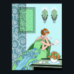 Póster Letra Clarice - Design de Moda Art Deco<br><div class="desc">Clarice se senta em seu vestido noturno em uma cadeira de deco de arte moderna, lendo uma carta. Seu vestido tem uma faixa contrastante e flores estilizadas de 1920 na saia. Em segundo plano estão as forras rebatidas, a reviravolta da metalurgia branca e uma imagem enquadrada com espirais correspondentes. O...</div>