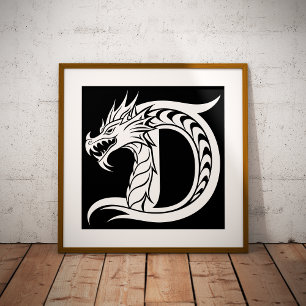 Poster Letra D Estilizada com Dragão, Alfabeto de Dragão,