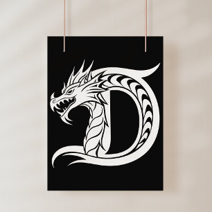 Poster Letra D Estilizada com Dragão, Alfabeto de Dragão,