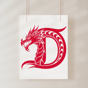 Poster Letra D Estilizada com Dragão, Alfabeto de Dragão,