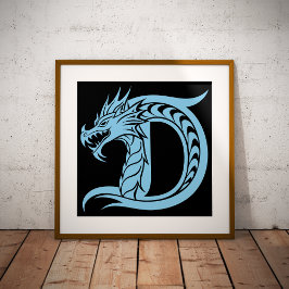 Poster Letra D Estilizada com Dragão, Alfabeto de Dragão,