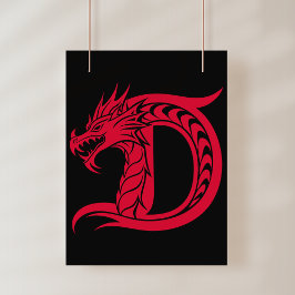 Poster Letra D Estilizada com Dragão, Alfabeto de Dragão,