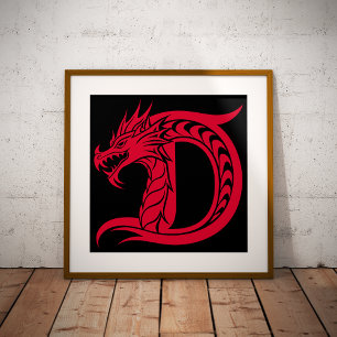 Poster Letra D Estilizada com Dragão, Alfabeto de Dragão,
