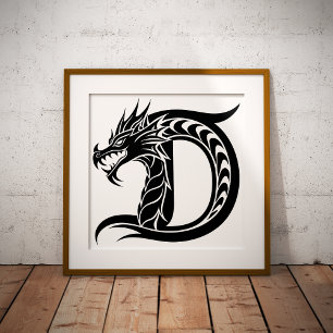 Poster Letra D Estilizada com Dragão, Alfabeto de Dragão,