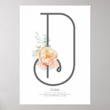 Letra D Monograma Rosa Bege Floral Decoração de Ca