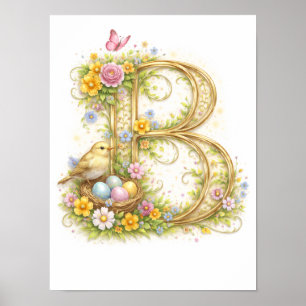Poster Letra de berçário B Inicial bebê dourado floral
