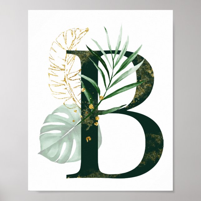Poster Letra decorativa B com folhas tropicais (Frente)