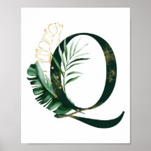 Letra decorativa Q com folhas tropicais