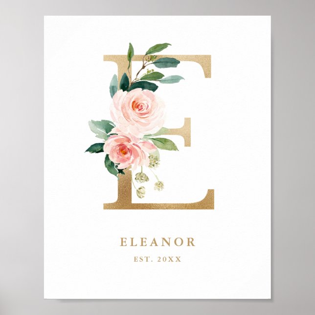 Poster Letra E Blush Monograma Floral Nurserida Ouro (Frente)