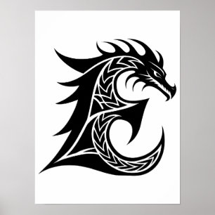 Poster Letra E Estilizada com Dragão, Alfabeto de Dragão,