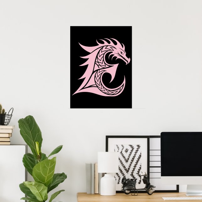 Poster Letra E Estilizada com Dragão, Alfabeto de Dragão, (Escritório em casa)