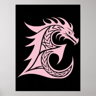 Poster Letra E Estilizada com Dragão, Alfabeto de Dragão,