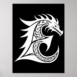 Poster Letra E Estilizada com Dragão, Alfabeto de Dragão,