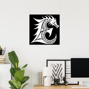 Poster Letra E Estilizada com Dragão, Alfabeto de Dragão,