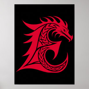 Poster Letra E Estilizada com Dragão, Alfabeto de Dragão,