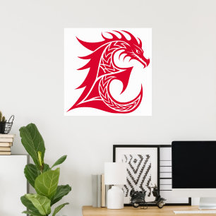 Poster Letra E Estilizada com Dragão, Alfabeto de Dragão,