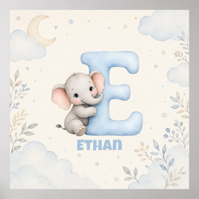 Poster Letra E Personalizada Design de Elefante Bebê Nome (Frente)