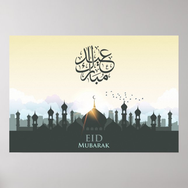 Poster Letra Eid mubarak com mesquita e aves (Frente)