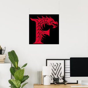 Poster Letra F Estilizada com Dragão, Alfabeto de Dragão,