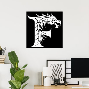 Poster Letra F Estilizada com Dragão, Alfabeto de Dragão,