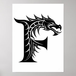 Poster Letra F Estilizada com Dragão, Alfabeto de Dragão,