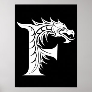Poster Letra F Estilizada com Dragão, Alfabeto de Dragão,