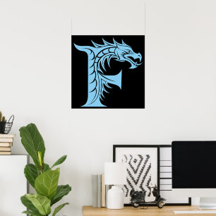 Poster Letra F Estilizada com Dragão, Alfabeto de Dragão,