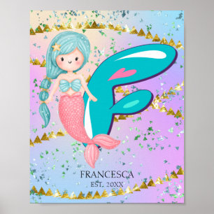 Poster Letra F Monograma Mola Aquarela Enfermeiro Sereia 