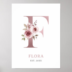Poster Letra F Monograma Rosa de Aquarela Floral