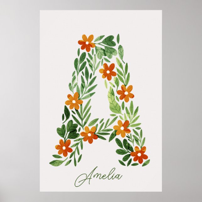 Poster Letra Floral Personalizada A com Flores Laranja (Frente)