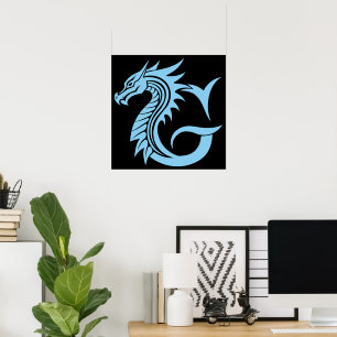 Poster Letra G Estilizada com Dragão, Alfabeto de Dragão,