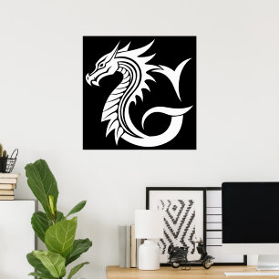 Poster Letra G Estilizada com Dragão, Alfabeto de Dragão,