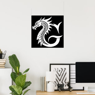Poster Letra G Estilizada com Dragão, Alfabeto de Dragão,