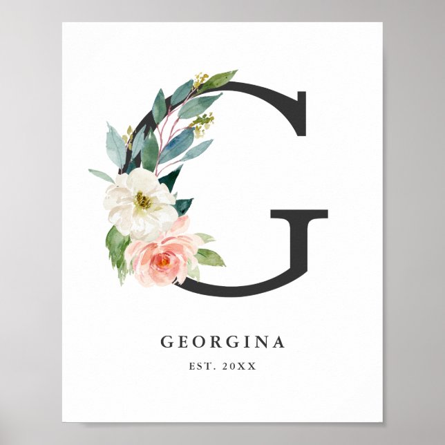 Poster Letra G Monograma Aquarela Peach Floral Nursery (Frente)
