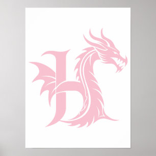 Poster Letra H Estilizada com Dragão, Alfabeto de Dragão,