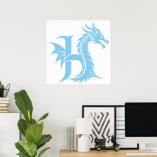 Poster Letra H Estilizada com Dragão, Alfabeto de Dragão,