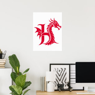 Poster Letra H Estilizada com Dragão, Alfabeto de Dragão,