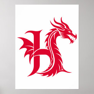Poster Letra H Estilizada com Dragão, Alfabeto de Dragão,