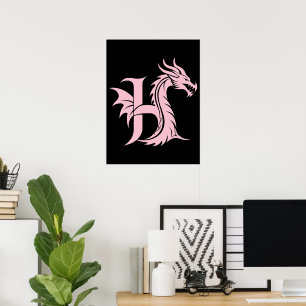 Poster Letra H Estilizada com Dragão, Alfabeto de Dragão,