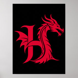 Poster Letra H Estilizada com Dragão, Alfabeto de Dragão,