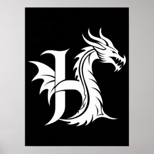 Poster Letra H Estilizada com Dragão, Alfabeto de Dragão,