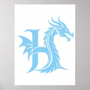 Poster Letra H Estilizada com Dragão, Alfabeto de Dragão,