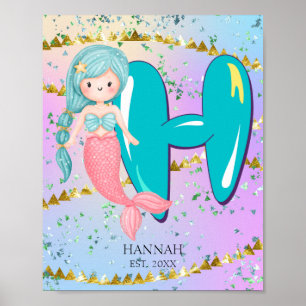 Poster Letra H Monograma Aquarela Enfermeiro de Sereia Cu