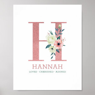 Poster Letra H Monograma Rosa Floral Aquarela Berçário