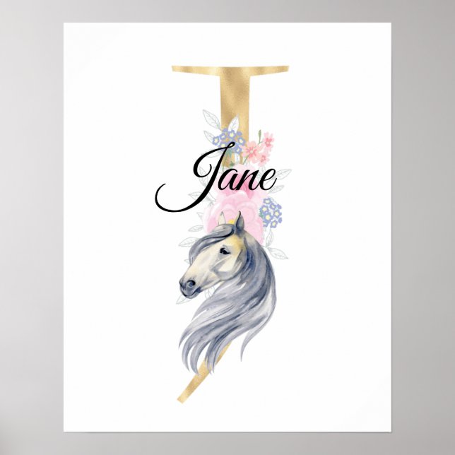 Poster Letra J monograma de nome personalizado com cavalo (Frente)
